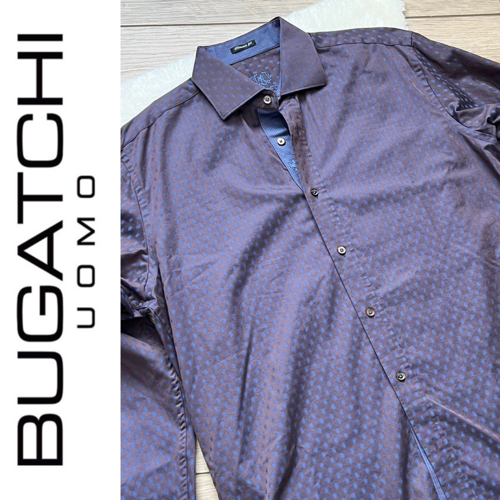 BUGATCHI UOMO Purple Blue Dots Button Up Dress Shirt Large